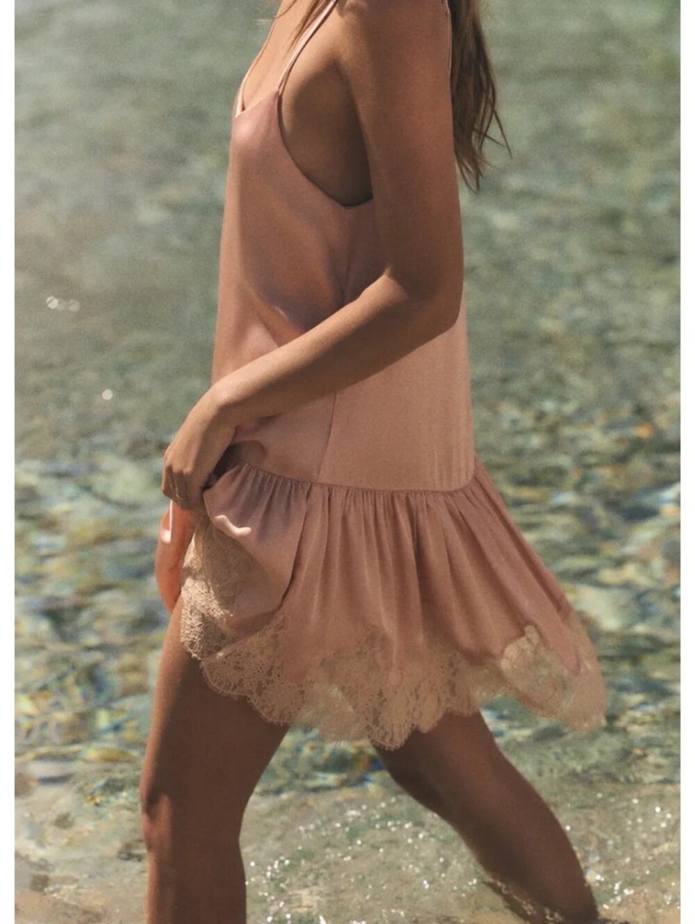 Zara Satin DustyPink Lace-Trim Feminine Babydoll Slip Dress Sz-L - Picture 3 of 9